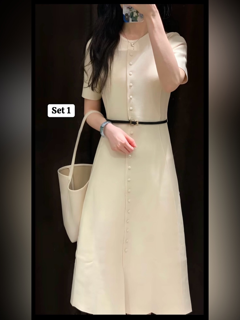 Zara Cream Button-Down A-Line Dress with Slim Black Belt